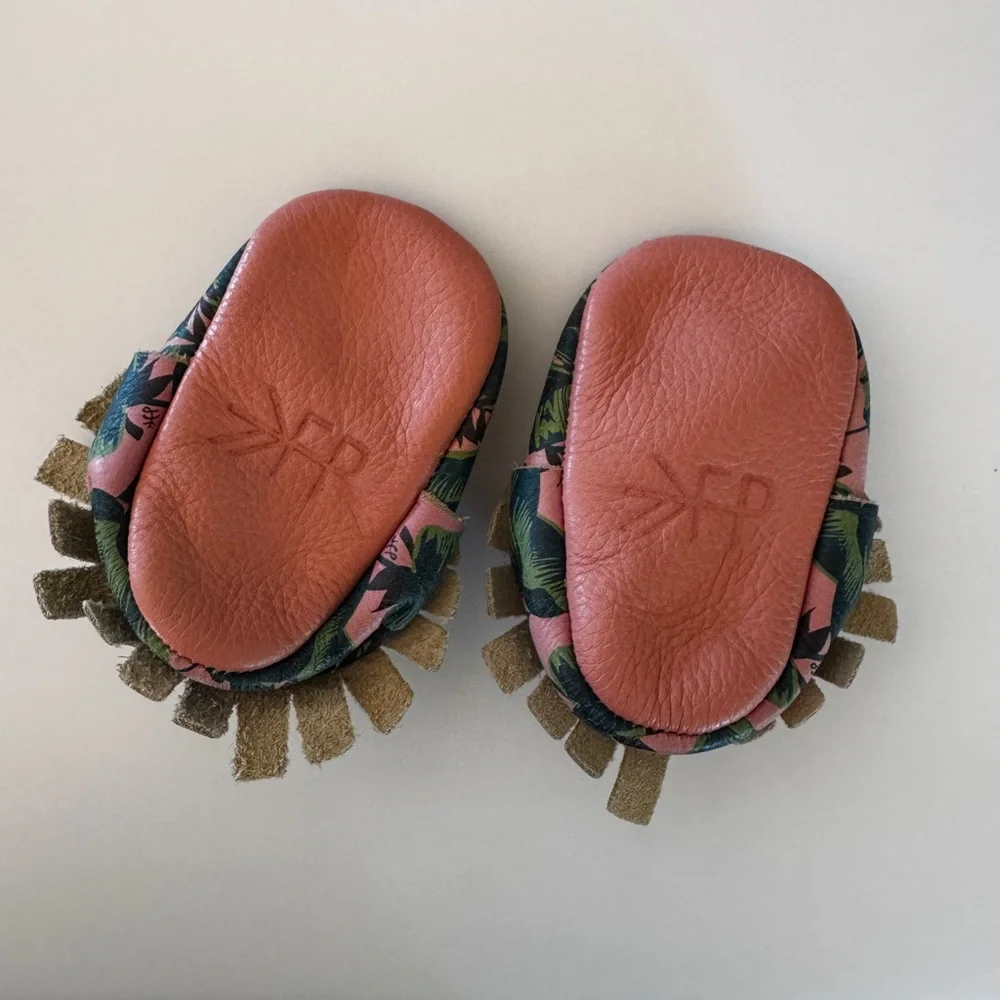 Freshly Picked Tropical Print Pink Baby Moccasin Shoes Size 1